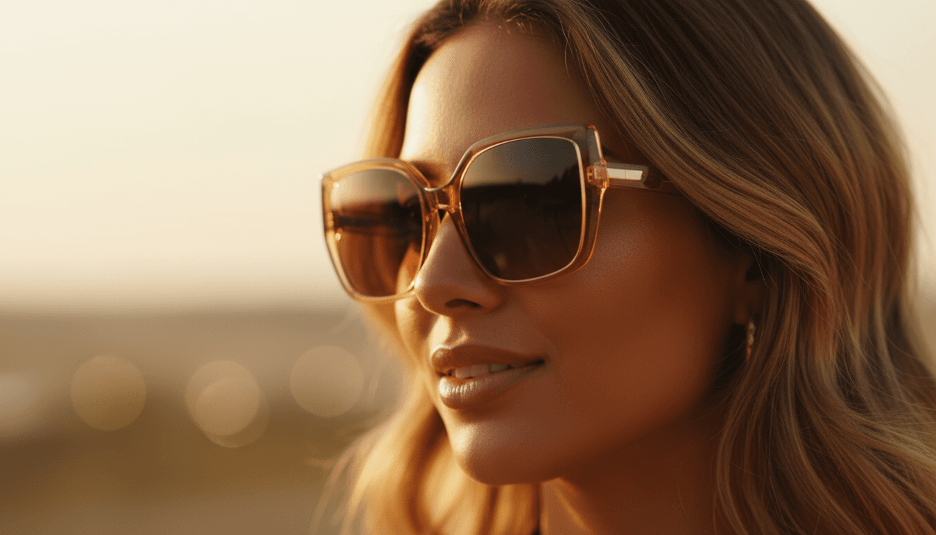 Person wearing stylish DON RAN sunglasses with warm natural lighting