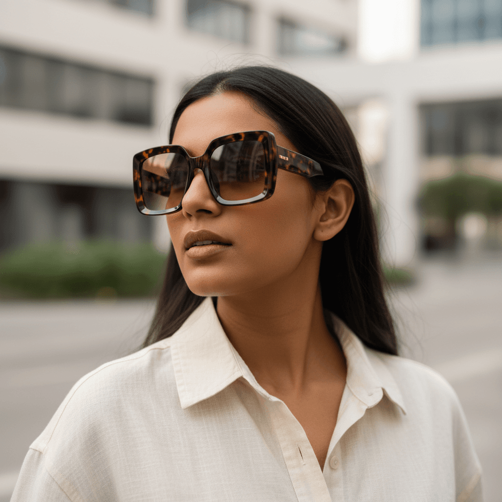Woman wearing oversized square sunglasses