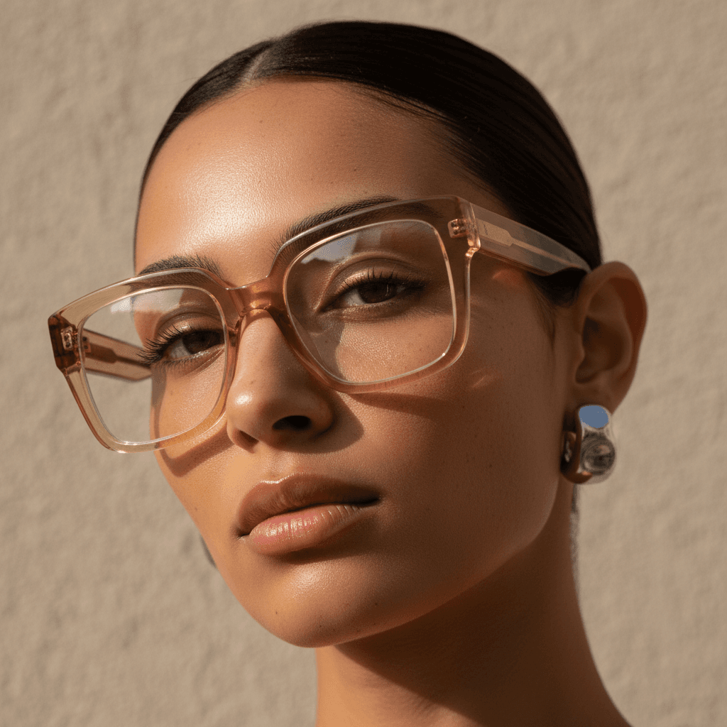 Person wearing modern rectangular eyeglasses with natural lighting