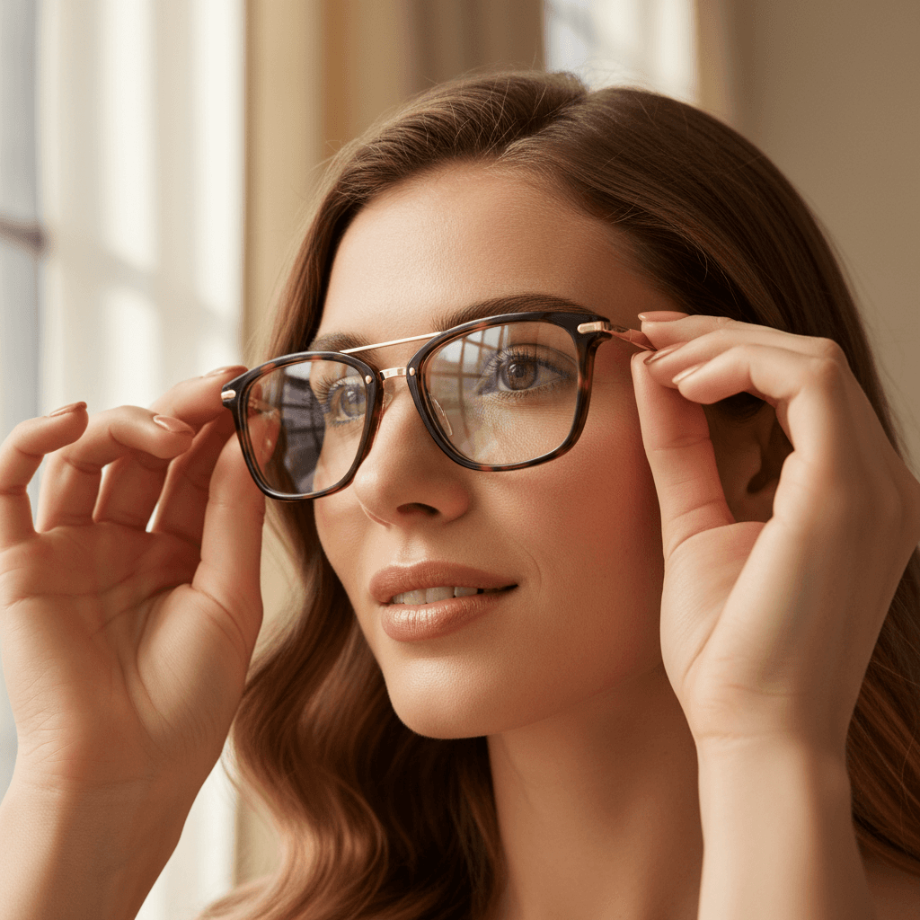 Customer trying on modern eyeglasses from DON RAN collection