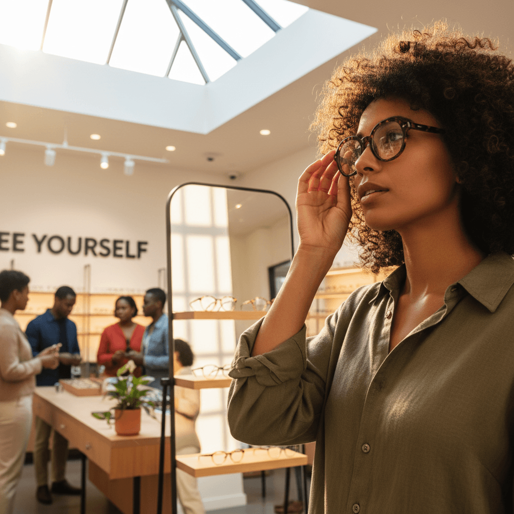 Customer trying on frames in bright modern setting