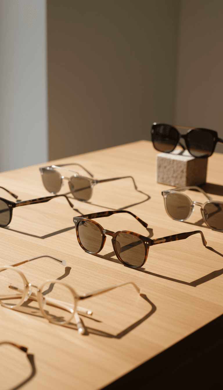 A warm artisanal aesthetic vertical shot of a curated display of eyeglass frames arranged on a minimalist shelf or counter